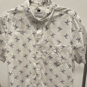 Topman Bird Print Short Sleeve Button Dow, White